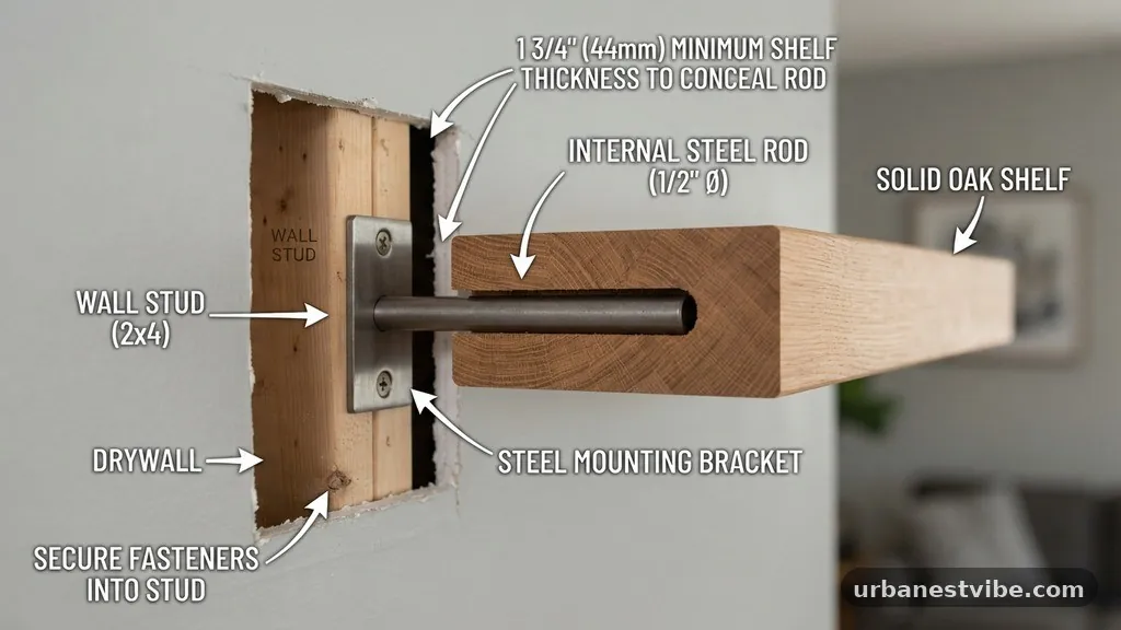 Dealing with Wall Studs and Mounting Hardware - Minimum Wood Shelf Thickness Needed to Conceal Internal Steel Rods